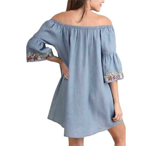 NEW Umgee Women's Chambray Floral Embroidered Off Shoulder Tunic Dress Small - Picture 3 of 6